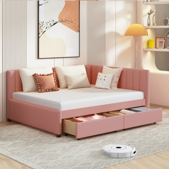 Harper & Bright Designs Full Size Upholstered Daybed with Storage Drawers, Linen L-Shaped Sofa Bed with Headboard and Armrest for Living Room, Pink