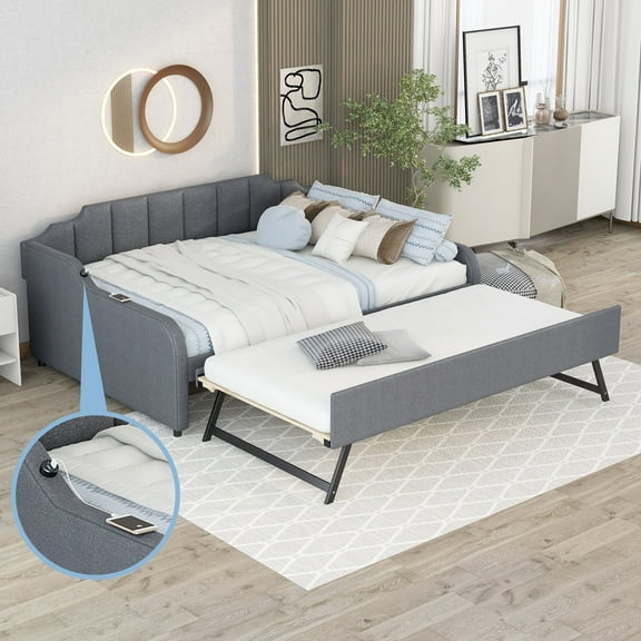 Harper & Bright Designs Full Size Upholstery Daybed with Trundle and USB Charging Design, Trundle can be flat or erected, Gray