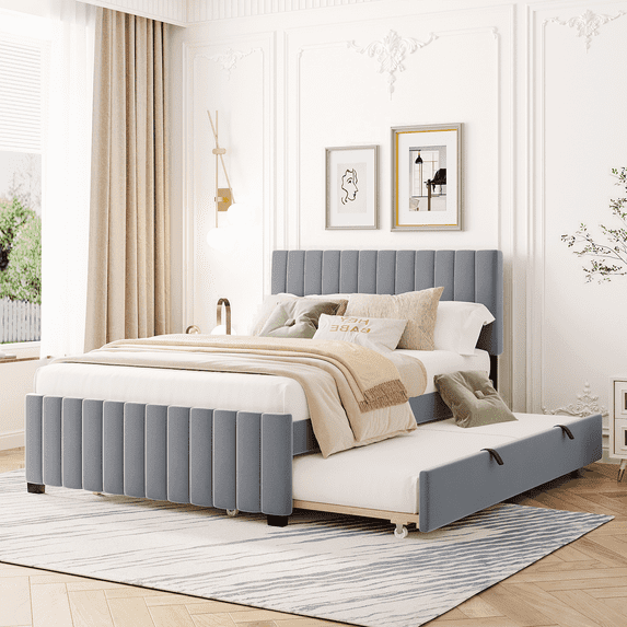 Harper & Bright Designs Full Size Velvet Platform Bed with Trundle, Upholstered Full Bed Frame with Headboard for Boys Girls Adults, Gray