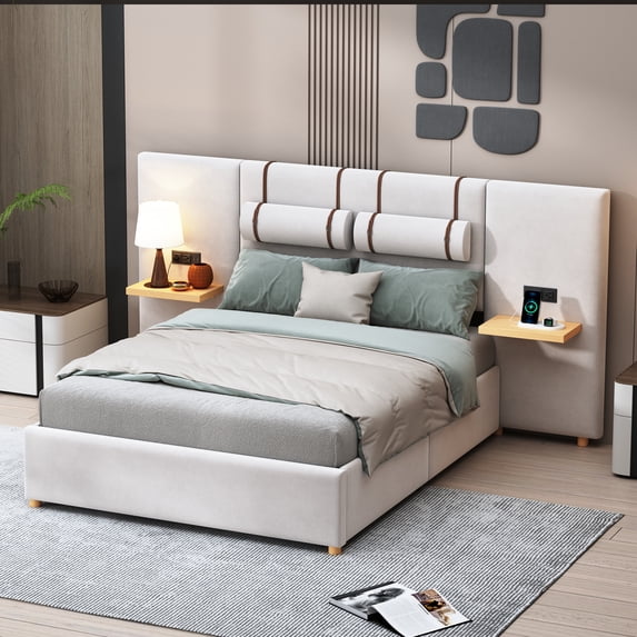 Harper & Bright Designs Full Size Velvet Upholstered Bed with Large Headboard and 2 Shelves, Wooden Platform Bed Frame with 2 Outlets and USB Charging Ports on Both Sides, 2 Headboard Pillows