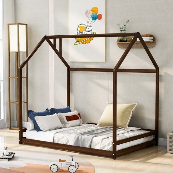 Harper & Bright Designs Full Size Wood Floor House Bed, Wooden Bedframe with Roof for Kids Teens, Espresso