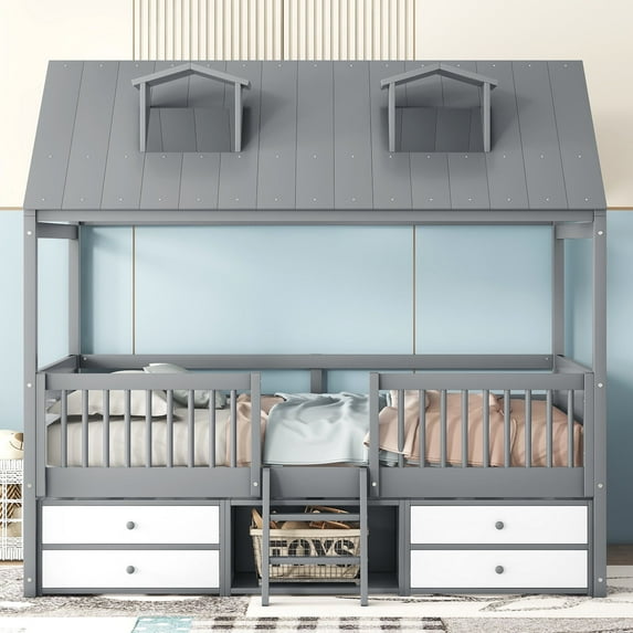 Harper & Bright Designs Full Size Wood House Bed Frame with Fence and 4 Storage Drawers, Playhouse Tent Bed with Roof and 2-step Ladder for Boys Girls Bedroom, Gray