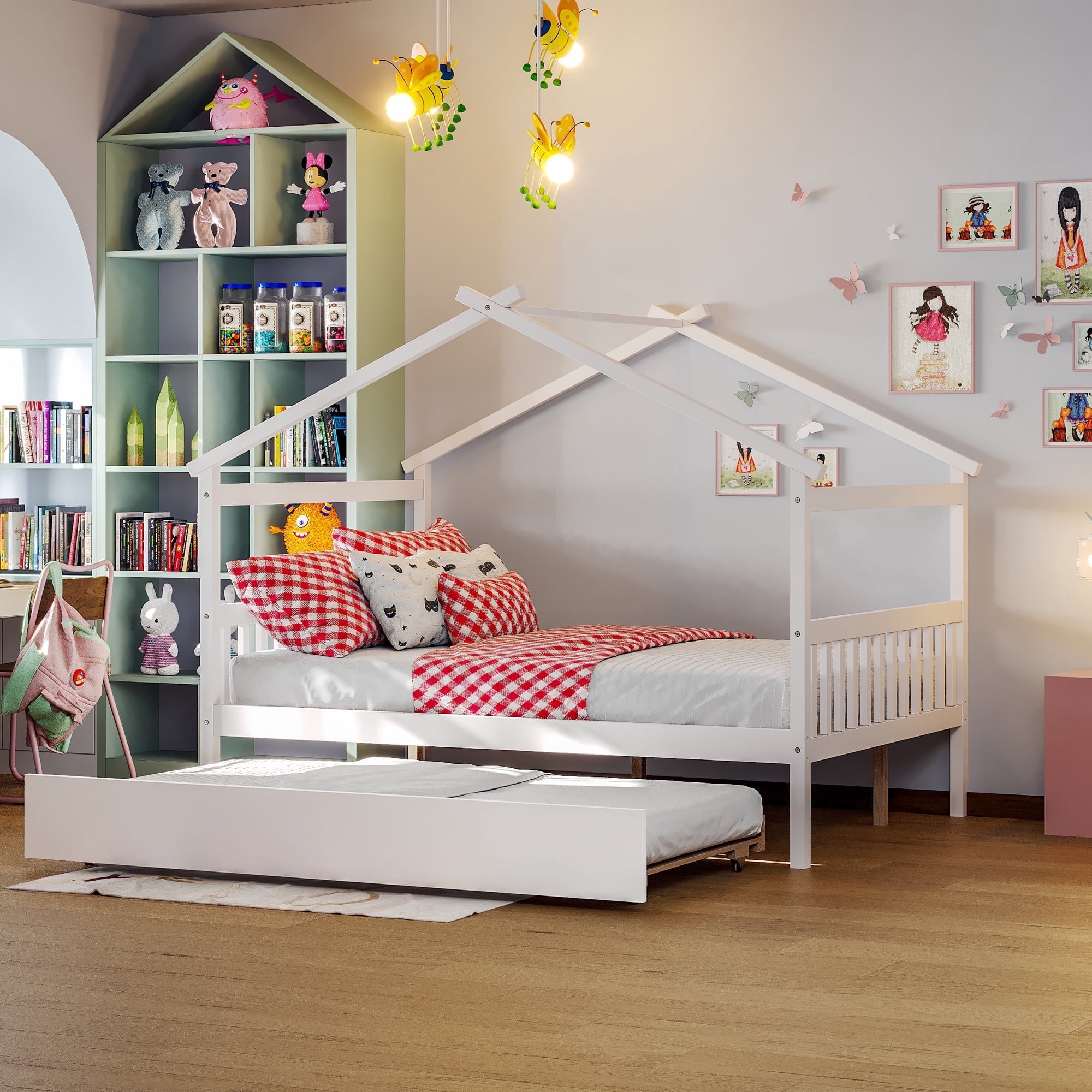 Harper & Bright Designs Full Size Wooden House Bed with Trundle, Wood Montessori Daybed Frame with Roof for, White