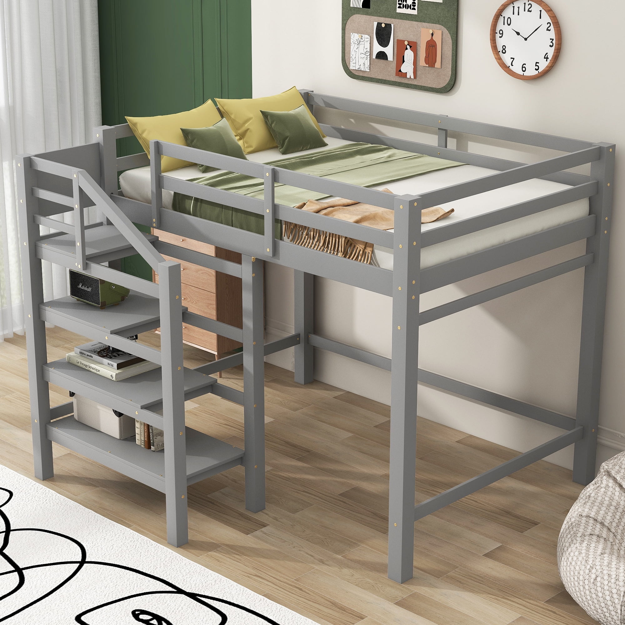 Full Size Loft Bed with Storage Staircase and Clothes Hanger - Gray