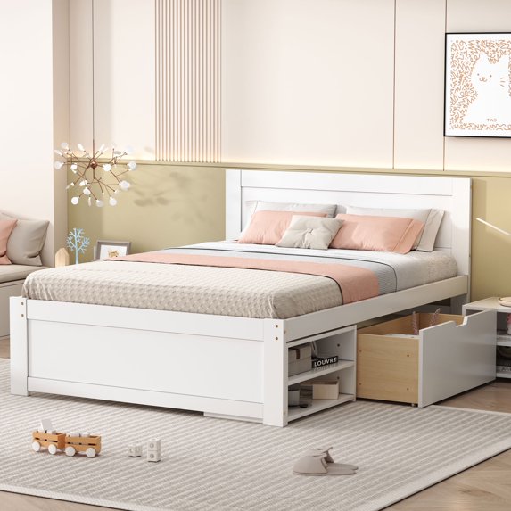 Harper & Bright Designs Full Size Wooden Platform Bed Frame with one Storage Rack on Wheels, one Drawer and Two Shelves for Boys and Girls, Antique White