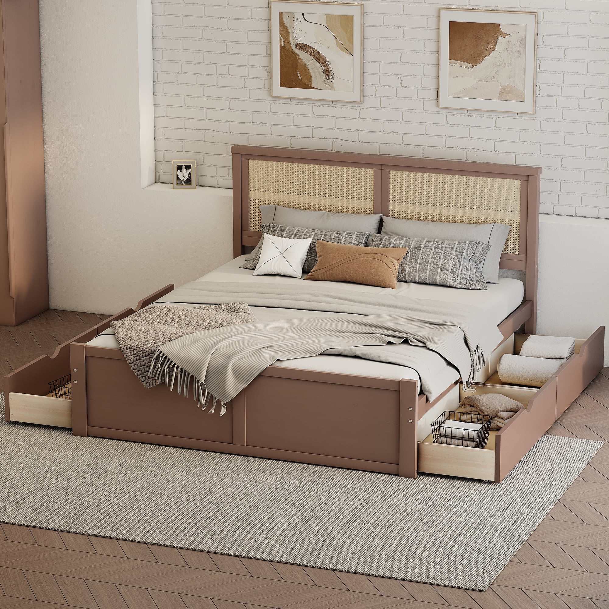 Full Size Antique Espresso Pine Wood Platform Bed with Rattan Headboard and Storage Drawers
