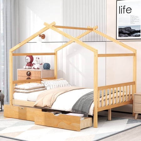 Harper & Bright Designs Full Wooden House Bed Frame with Two Storage Drawers, Platform with Roof Design Headboard and Footboard, for Girls Boys, Natural