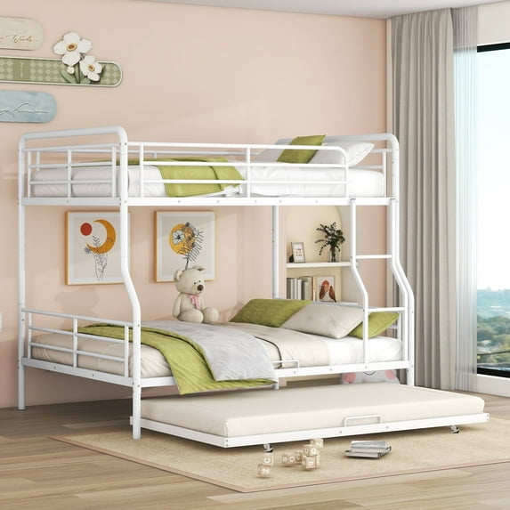 Harper & Bright Designs Full XL Over Queen Metal Bunk Bed with Trundle, Convertible into 2 Separate Beds, Heavy-Duty Iron Bed Frame for Bedroom, White