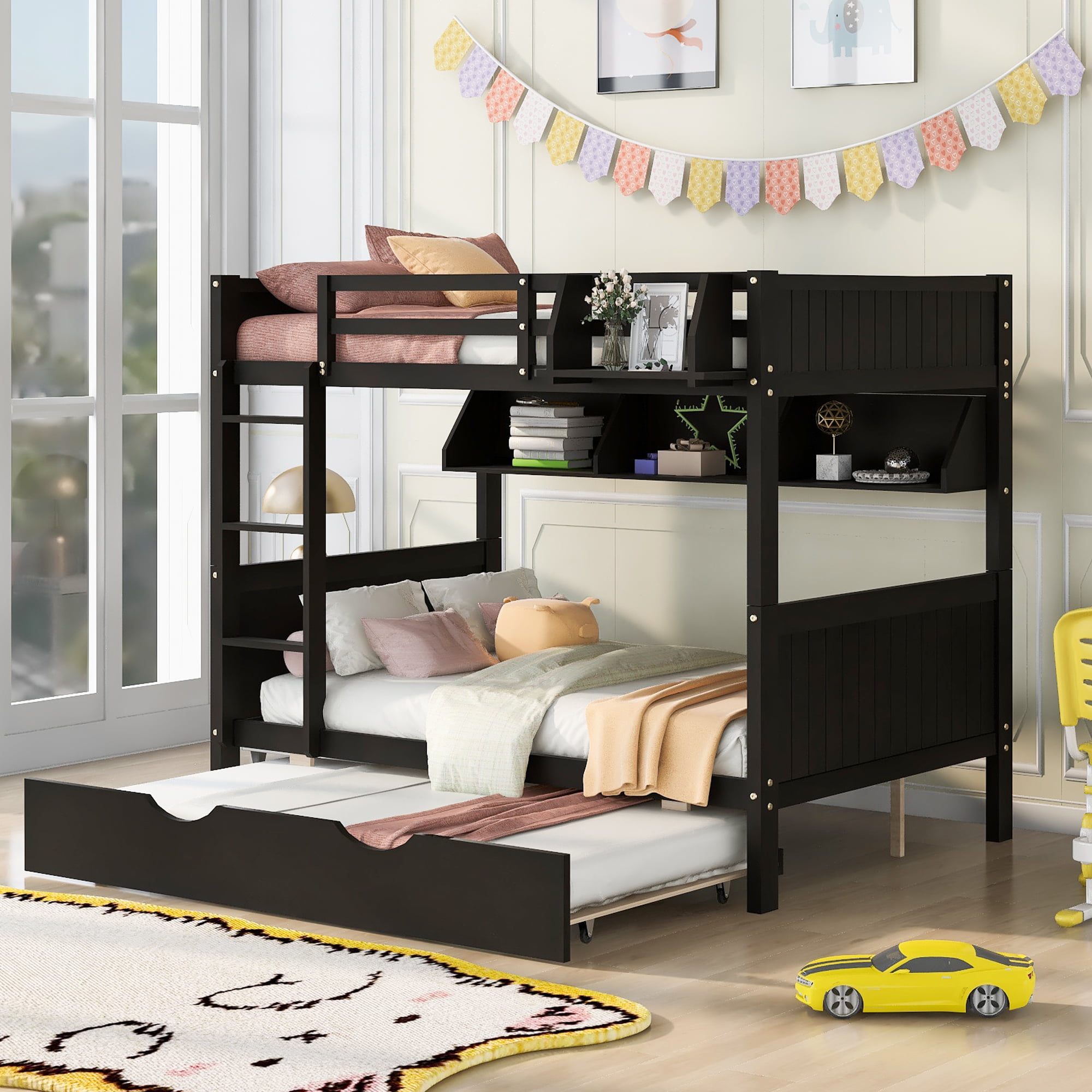 Churanty Full over Full Bunk Bed with Trundle and Storage Bookshelf
