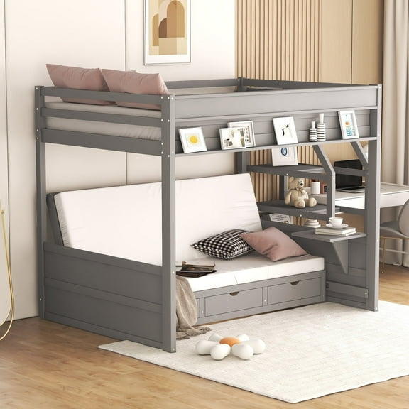 Harper & Bright Designs Full over Full Size Convertible Bunk Bed with Storage Staircase, Wood Full Size Bunk Bed with Bedside Table and 3 Drawers, Gray