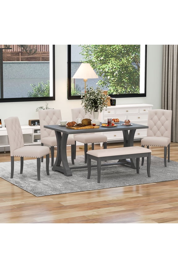 Furniture 6-Piece Adult Rustic Wood MDF Nailhead Trim Dining Furniture Set Antique Gray
