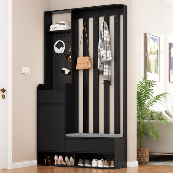 Harper & Bright Designs Hall Tree with Bench and Shoe Storage, Mudroom Bench with Coat Rack and Pegboard and 4 Hooks for Hallway Living Room, Black