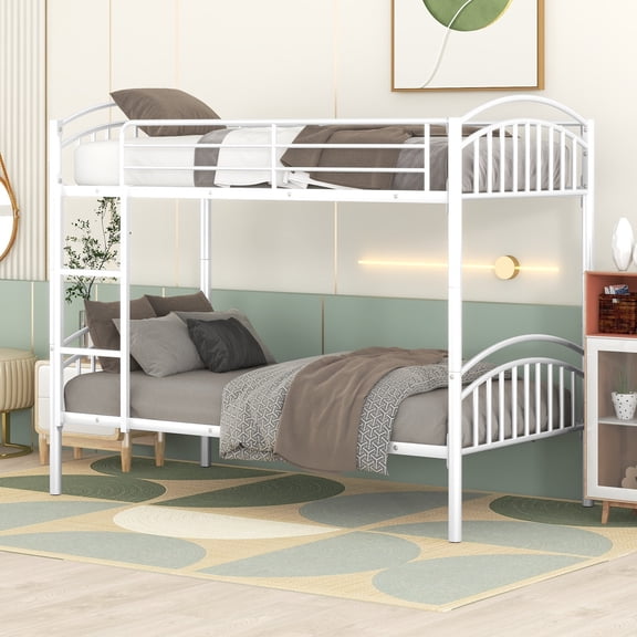 Harper & Bright Designs Heavy Duty Twin Over Twin Metal Bunk Bed with Guardrails and Removable Ladder, Can be Separated into Two Beds, White