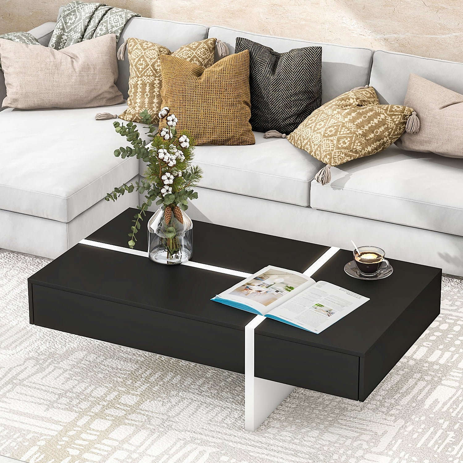 Churanty High Gloss Coffee Table Modern Rectangle Cocktail Table Sofa Center Table for Living Room Black