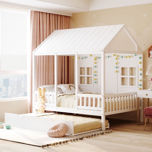 Harper & Bright Designs House Bed with Trundle Full House Bed, Wooden Platform Bed Frame with Headboard and Roof for Girls Boys, White