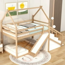 Churanty House Bunk Beds with Slide and Storage Stairs, Kids Wood Twin Over Twin Bunk Bed with Roof and Stairs for Girls Boys, Natural