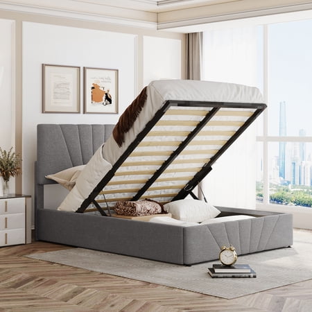 Harper & Bright Designs Hydraulic Storage Bed Frames Full Size Platform Bed with Upholstered Headboard, Gray