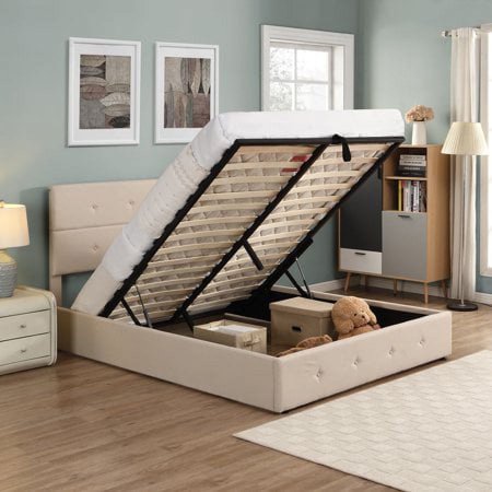 Harper & Bright Designs Hydraulic Storage Bed Frames Queen Size Platform Bed with Upholstered Headboard, Beige