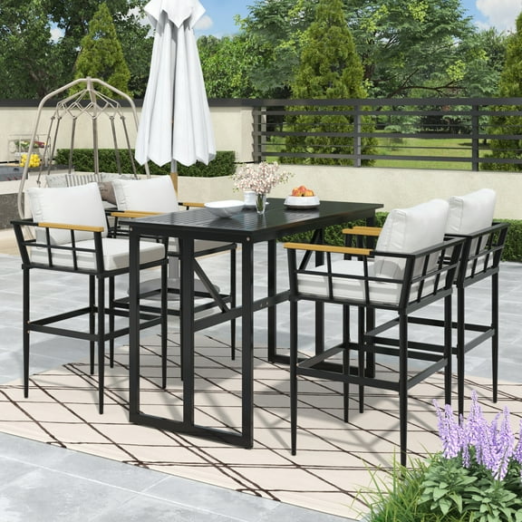 Harper & Bright Designs Iron Outdoor Counter Height Dining Set for 4, 5 Pieces All-Weather Patio Dining Furniture Set with Table and 4 Chairs for Pub Backyard Balcony Garden, Beige