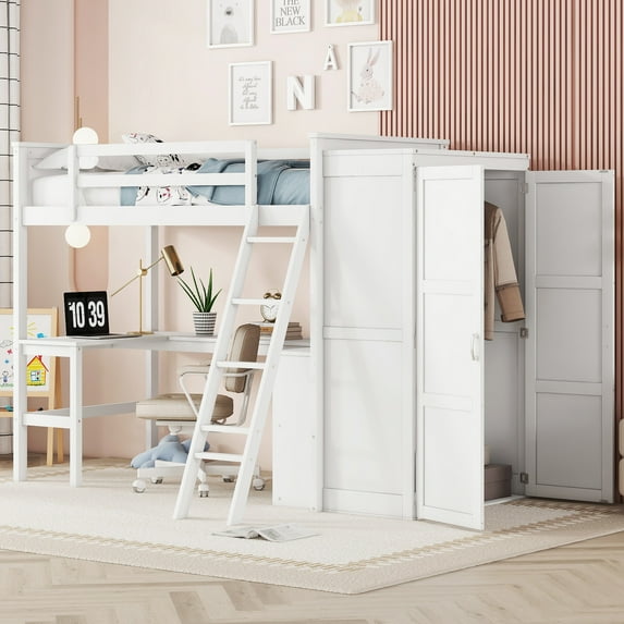 Churanty Kid's Wooden Loft Bed with Wardrobe Storage Space, White