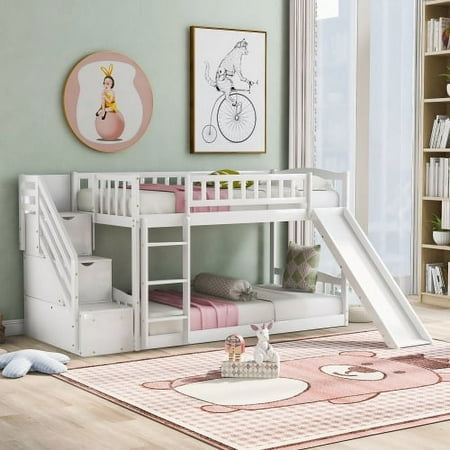 Harper & Bright Designs Bunk Bed Twin Over Twin Wooden Floor Bunk Bed with Slide and Storage Stairway, White