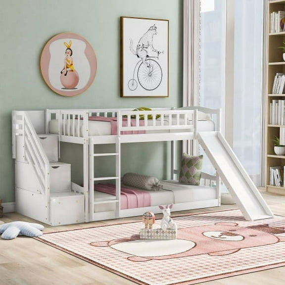 Harper & Bright Designs Bunk Bed Twin Over Twin Wooden Floor Bunk Bed with Slide and Storage Stairway, White