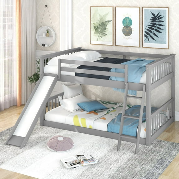 Harper & Bright Designs Floor Bunk Beds, Full Over Full Bunk Bed with Convertible Slide, Wooden Low Bunk Bed Frame for Bedroom, Gray