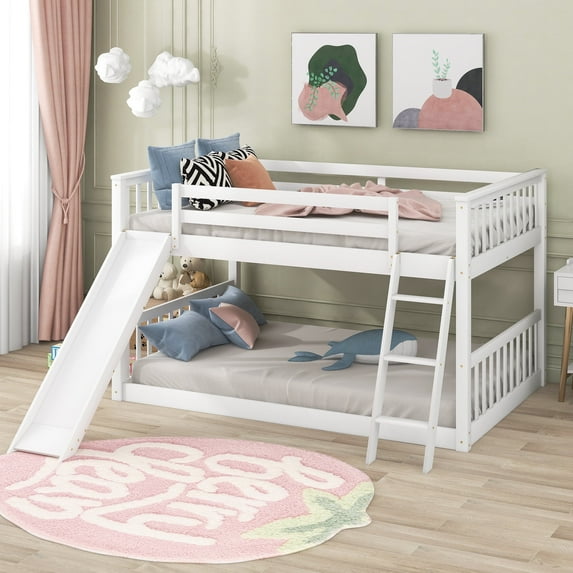 Harper & Bright Designs Floor Bunk Beds, Full Over Full Bunk Bed with Convertible Slide, Wooden Low Bunk Bed Frame, White