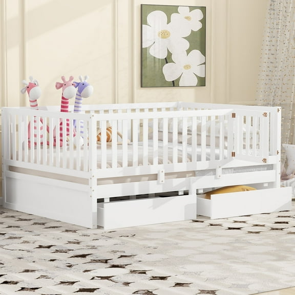 Harper & Bright Designs Full Size Daybed with Two Drawers, Solid Wood Low Platform Bed Frame with Fence Montessori Bed for Boys Girls, Split into Floor Bed & Daybed, White