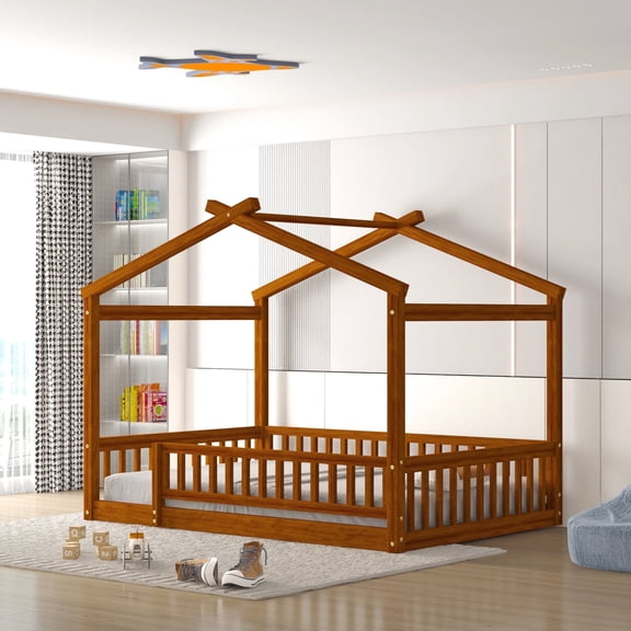 Harper & Bright Designs Full Size Floor House Bed, Wood Montessori House Bed Frame with Fence, Playhouse Tent Bed with Roof, Walnut