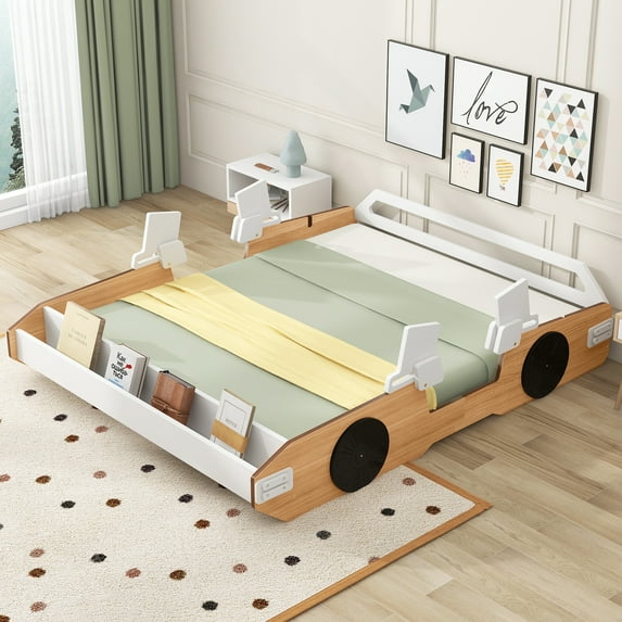 Churanty Kids Full Size Racing Car Bed with Door, Wood Car-Shaped Platform Bed Frame with Storage Shelves for Boys Girls