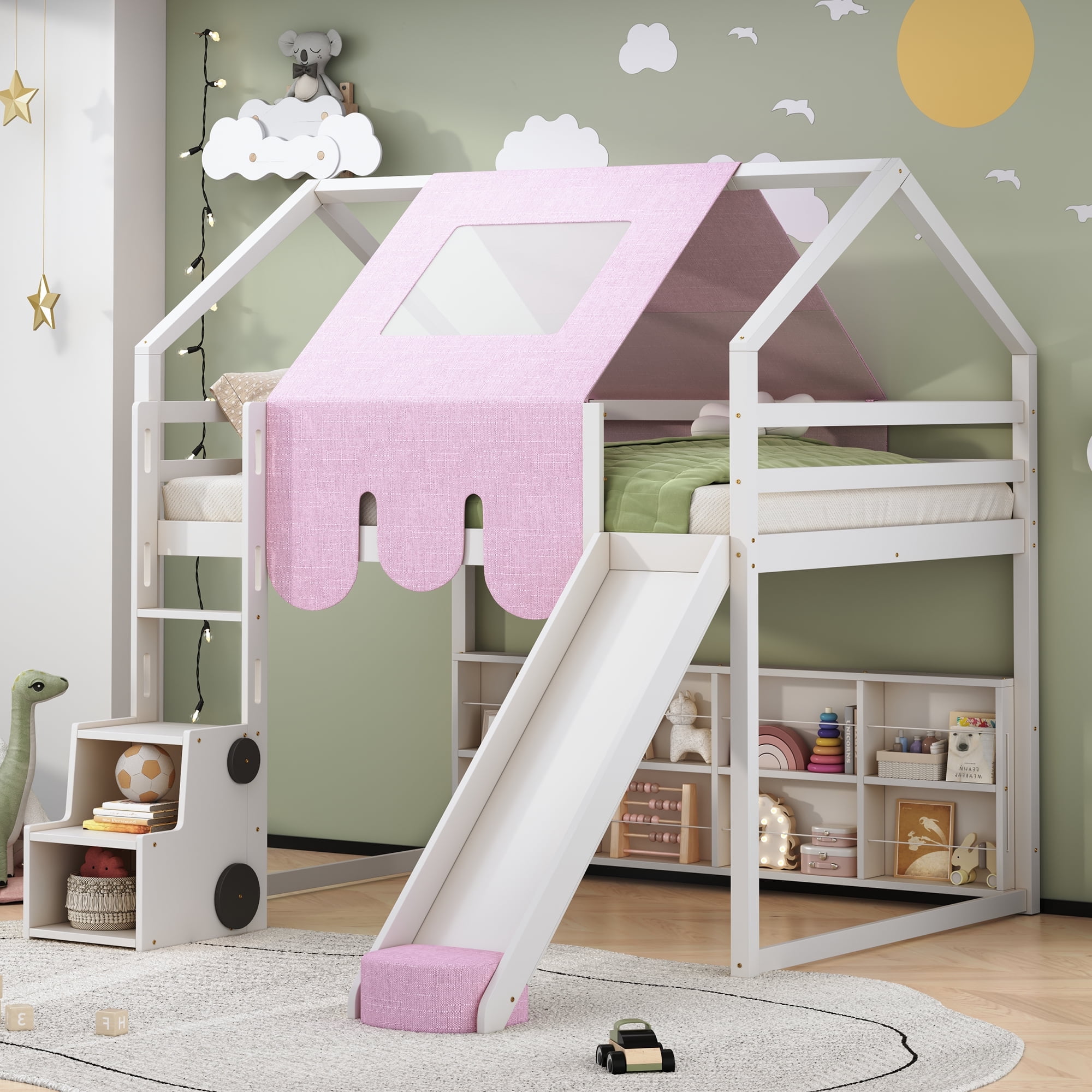 Harper \u0026 Bright Designs Low House Loft Bed with Slide and Storage Shelves,  Wood Full Playhouse Loft Bed Frame with a Tent \u0026 Stairs, Full Storage Bed  for Boys Girls, White -, image size:2000x2000