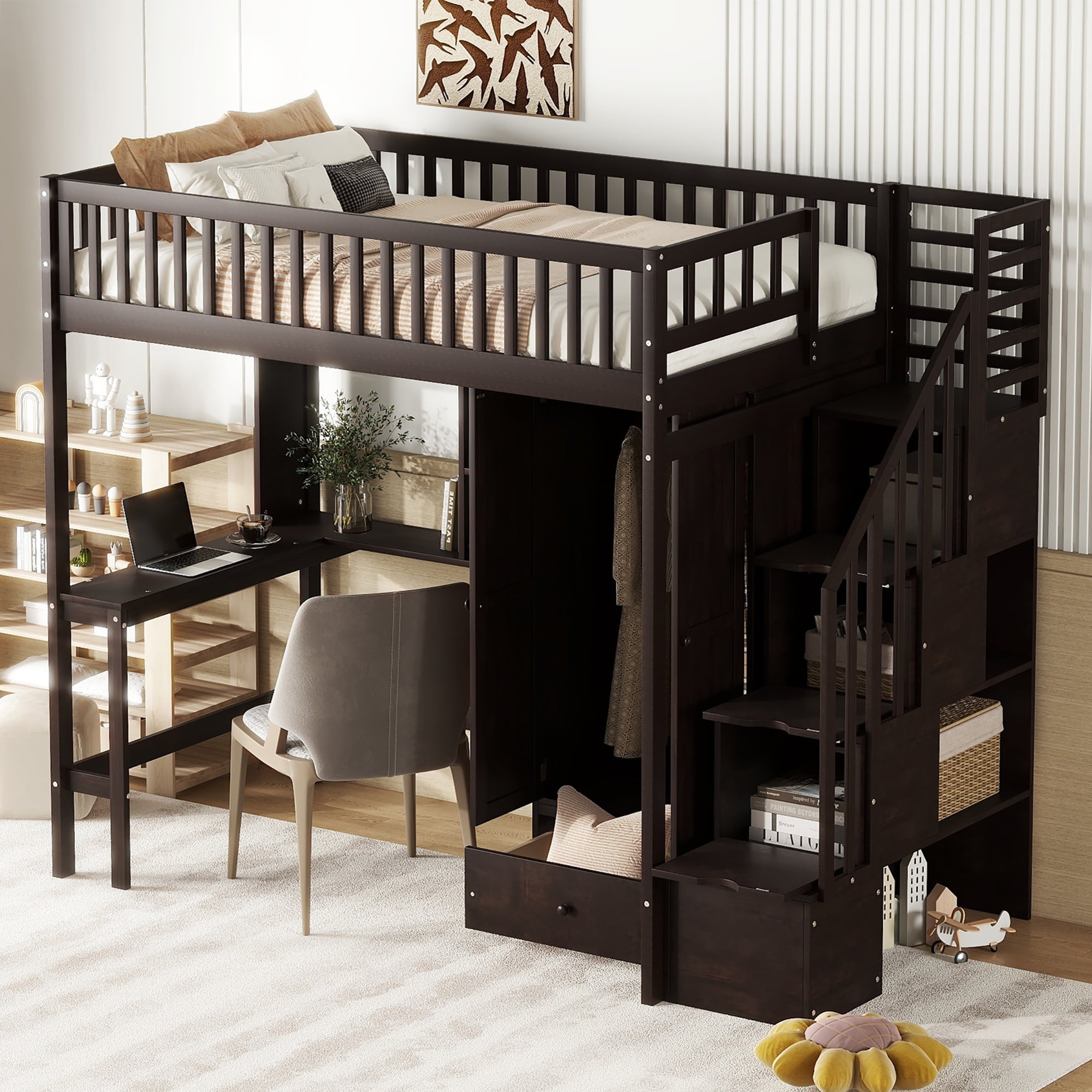Harper \u0026 Bright Designs Twin Loft Bed with Wardrobe Storage Space, Stairs,  Desk and Shelves, Espresso - Walmart.com, image size:2000x2000