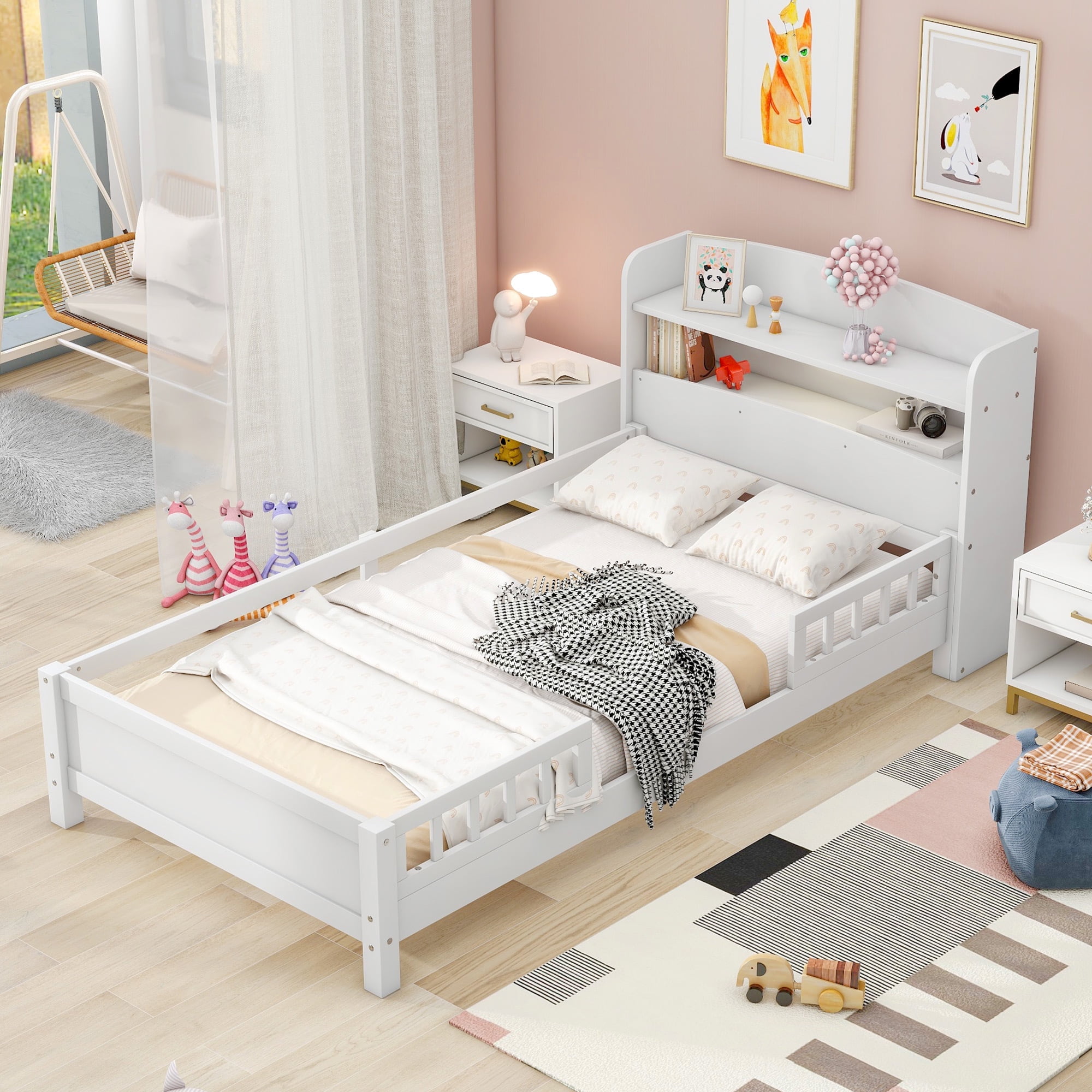 Harper & Bright Designs Kids Twin Size Bed with Storage Headboard and Built-in LED Light, Wood Twin Platform Bed Frame with Guardrail for Girls Boys, Antique Gray