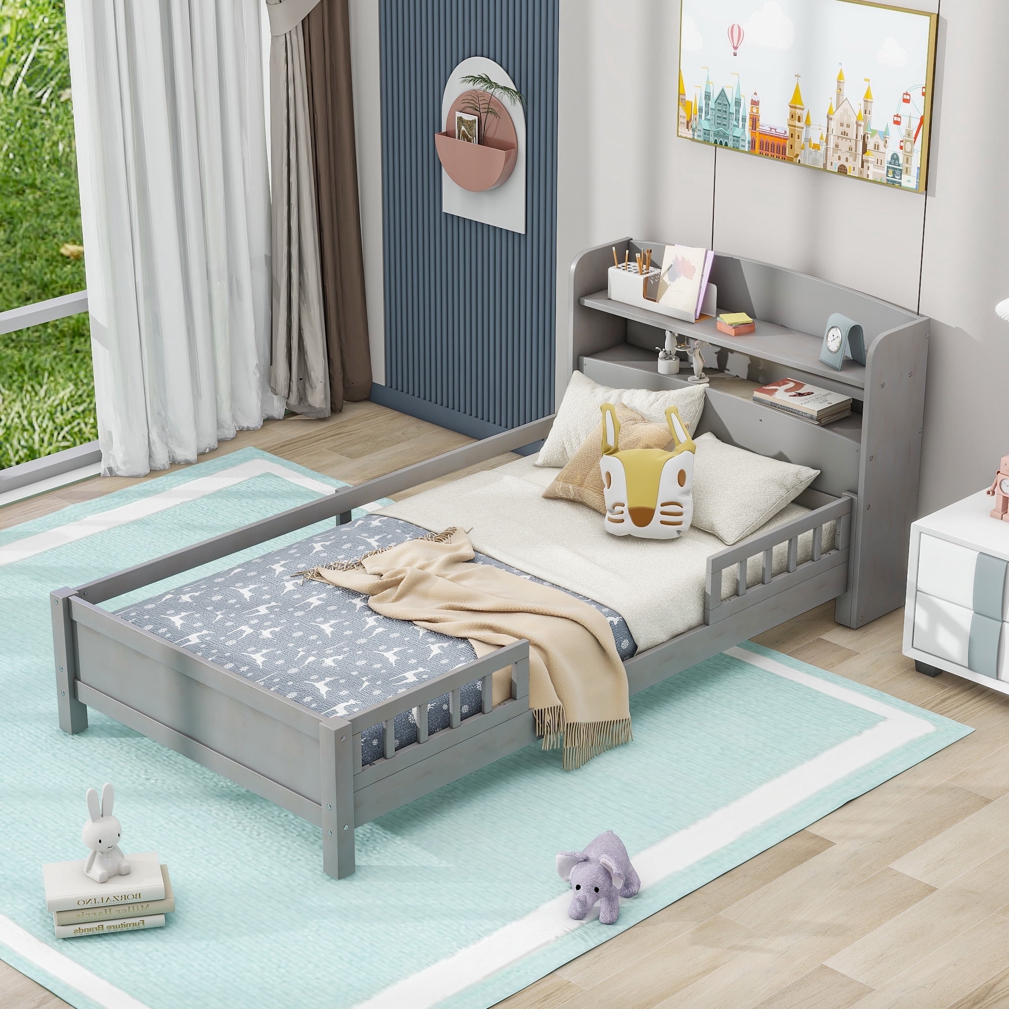 Harper & Bright Designs Kids Twin Size Bed with Storage Headboard and Built-in LED Light, Wood Twin Platform Bed Frame with Guardrail for Girls Boys, White