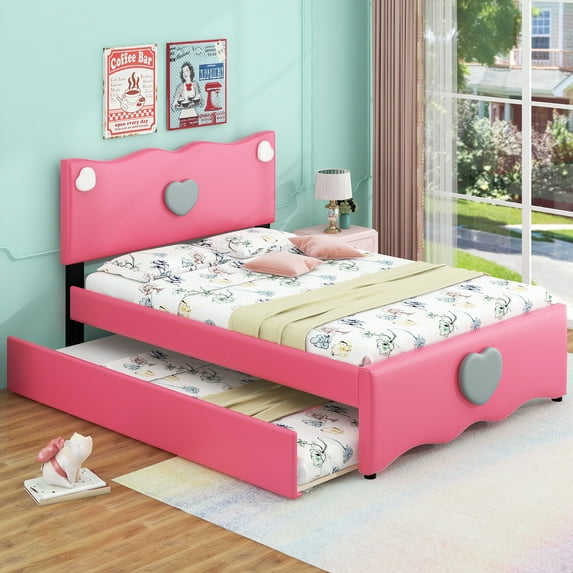 Harper & Bright Designs Kids Upholstered Platform Bed with Trundle, Cute PU Full Size Wooden Bed Frame with Heart Shaped Decoration for Boys Girls, Dark Pink