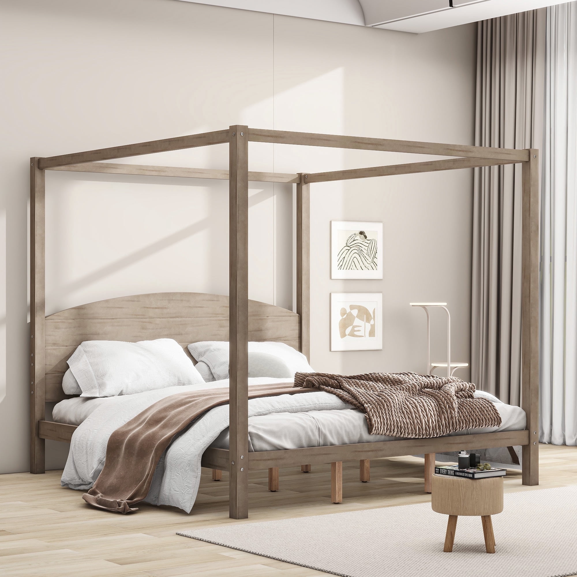 Harper & Bright Designs King Size Canopy Platform Bed with Headboard and Support Legs, Solid Wood 4 Post Canopy Bed Frame for Boys Girls Adult, Brown