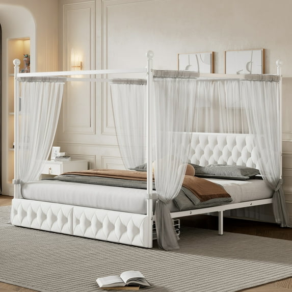 Harper & Bright Designs King Size Metal Four Poster Bedframe Upholstered Button Tufted Headboard, Canopy Platform Bed with Storage Drawers and Sturdy Slatted, Curtains Not Included, White