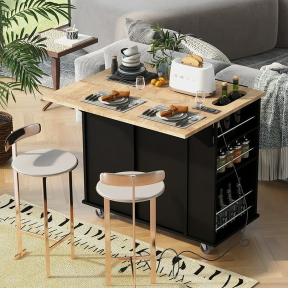 Harper & Bright Designs Kitchen Island with Power Outlet, Rolling Kitchen Cart with Drop Leaf and Wheels, Open Storage and Wine Rack for Dining Room, Black