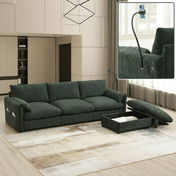 Harper & Bright Designs L-Shaped Chenille Sectional Sofa with Storage Ottoman & Pockets, USB Charger, 3-Seat Deep Couch Set with Adjustable Phone Holder & Wide Seat for Apartment, 96.5'' Green