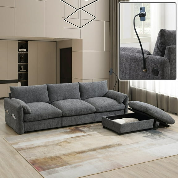Harper & Bright Designs L-Shaped Chenille Sectional Sofa with Storage Ottoman & Pockets, USB Charger, 3-Seat Deep Couch Set with Adjustable Phone Holder & Wide Seat for Living Room/Apartment, Gray