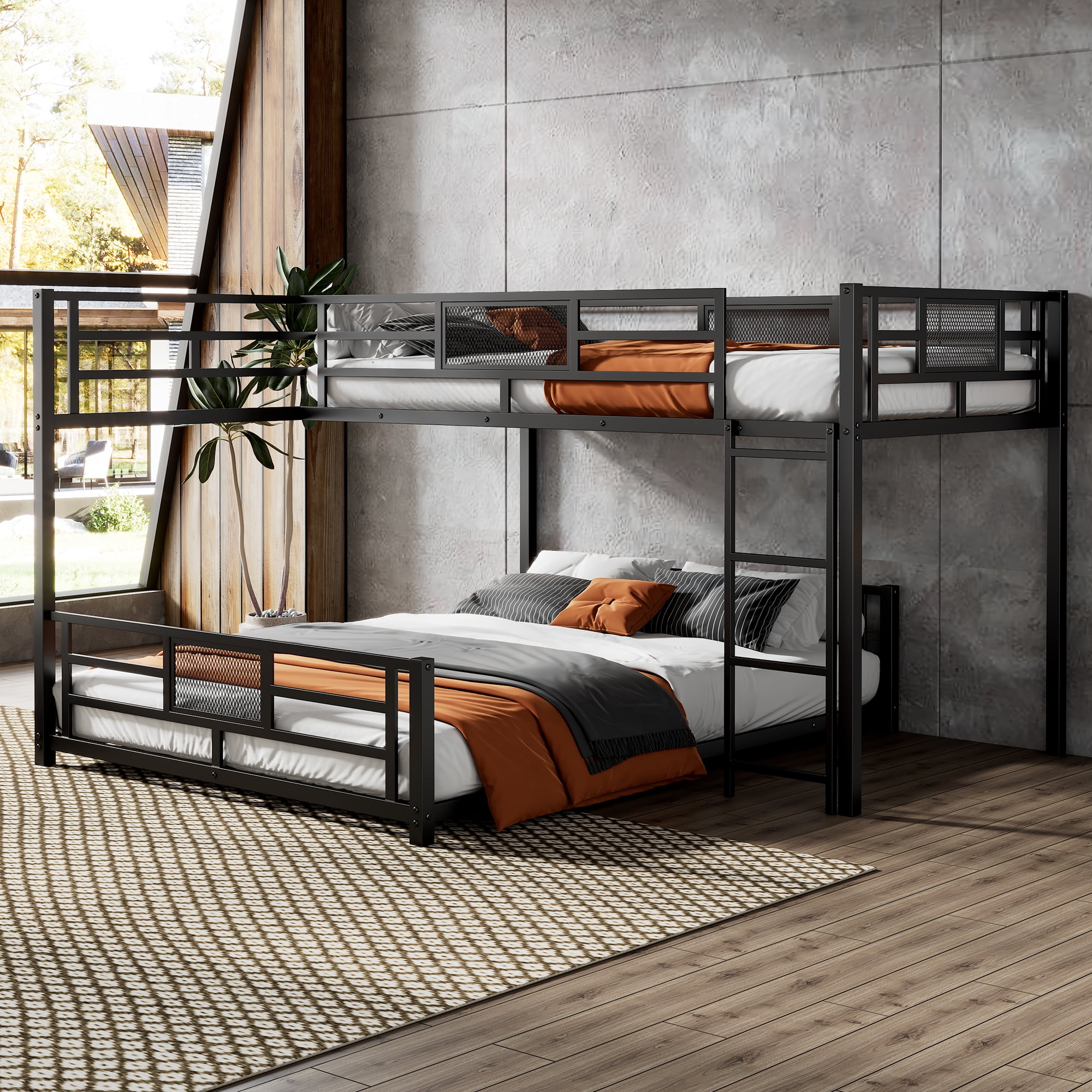 Churanty L Shaped Metal Bunk Bed, Twin Over Full Size Bunk Bed with