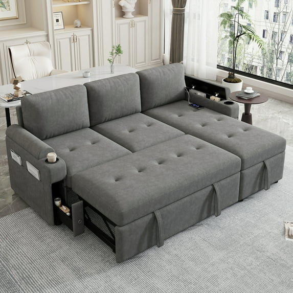 Harper & Bright Designs L-Shaped Pull Out Sleeper Sofa Sectional w/Storage Chaise, 2 Cup Holders & USB Ports, Convertible Modern Couch Bed for Living Room, 83.5" Gray