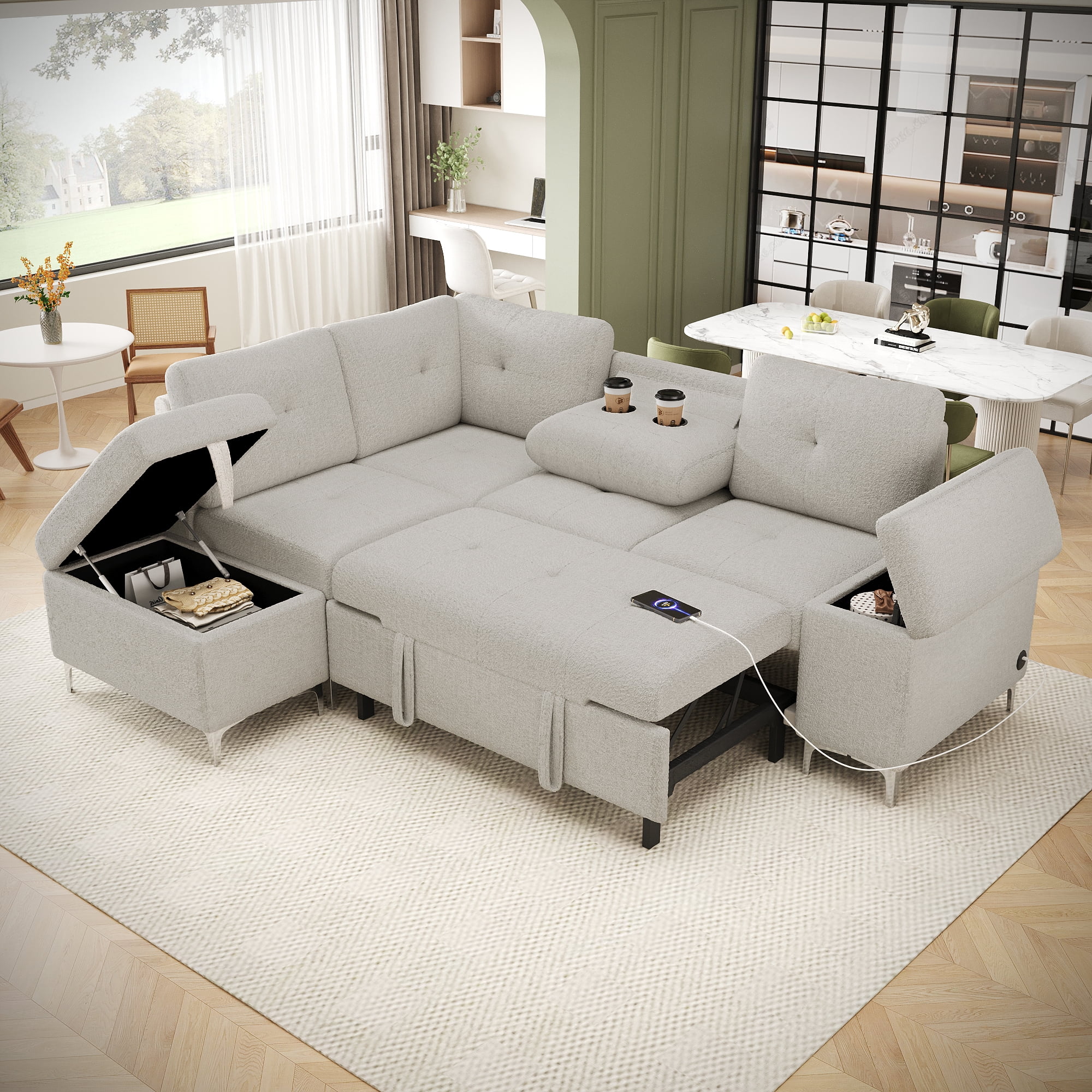 Churanty L-Shaped Pull Out Sleeper Sofa Sectional w/Storage Chaise and ...