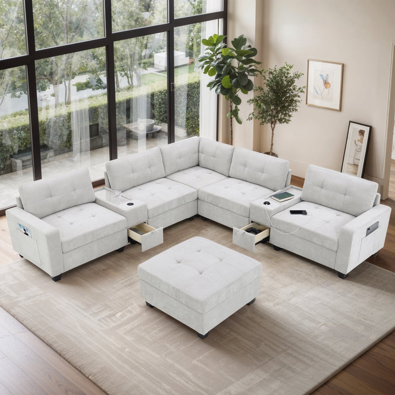 Harper & Bright Designs L Shaped Sectional Sofa with Movable Ottoman ...