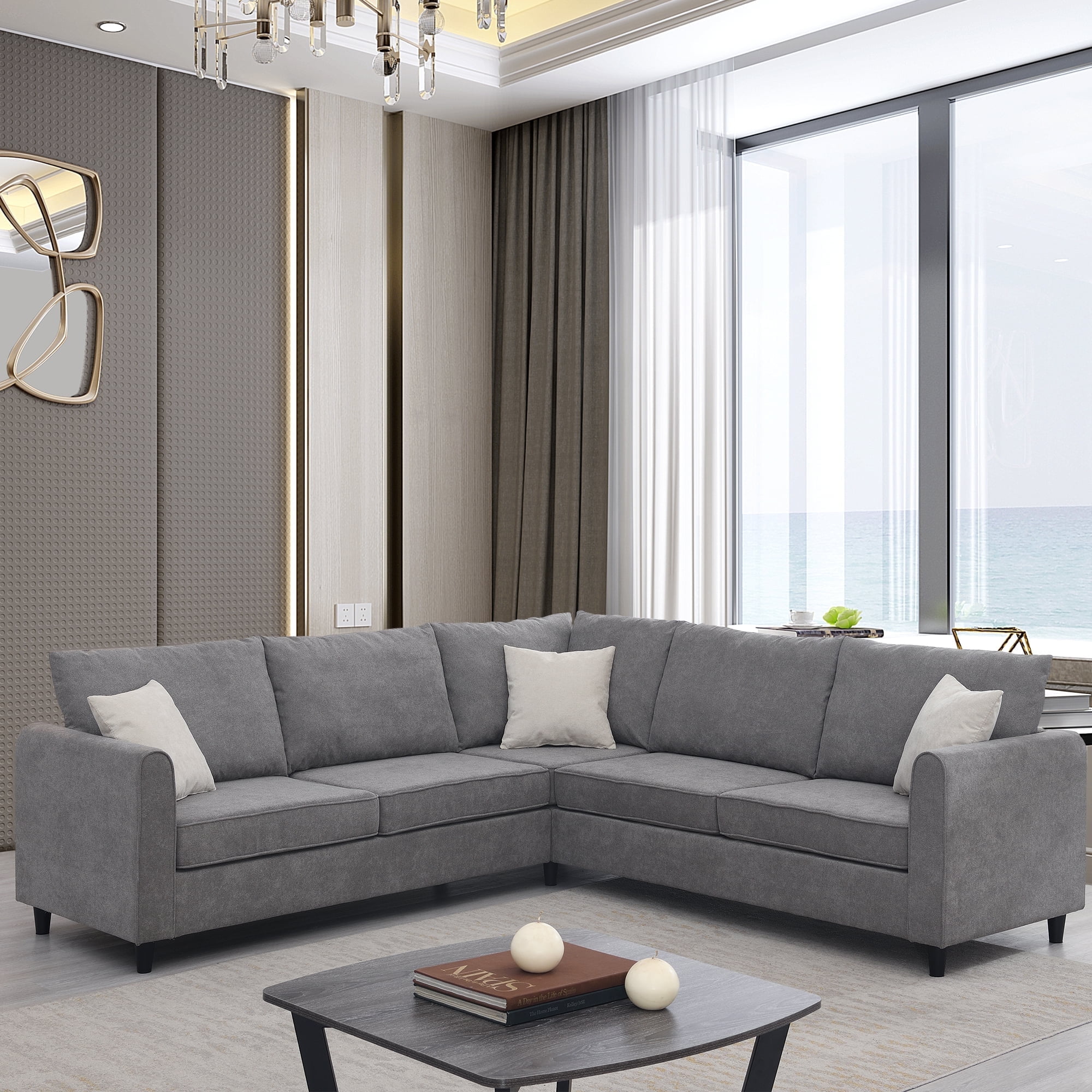 Harper & Bright Designs L Shaped Sectional Sofa Upholstered Couch for Living Room, Gray 91 * 91 inch