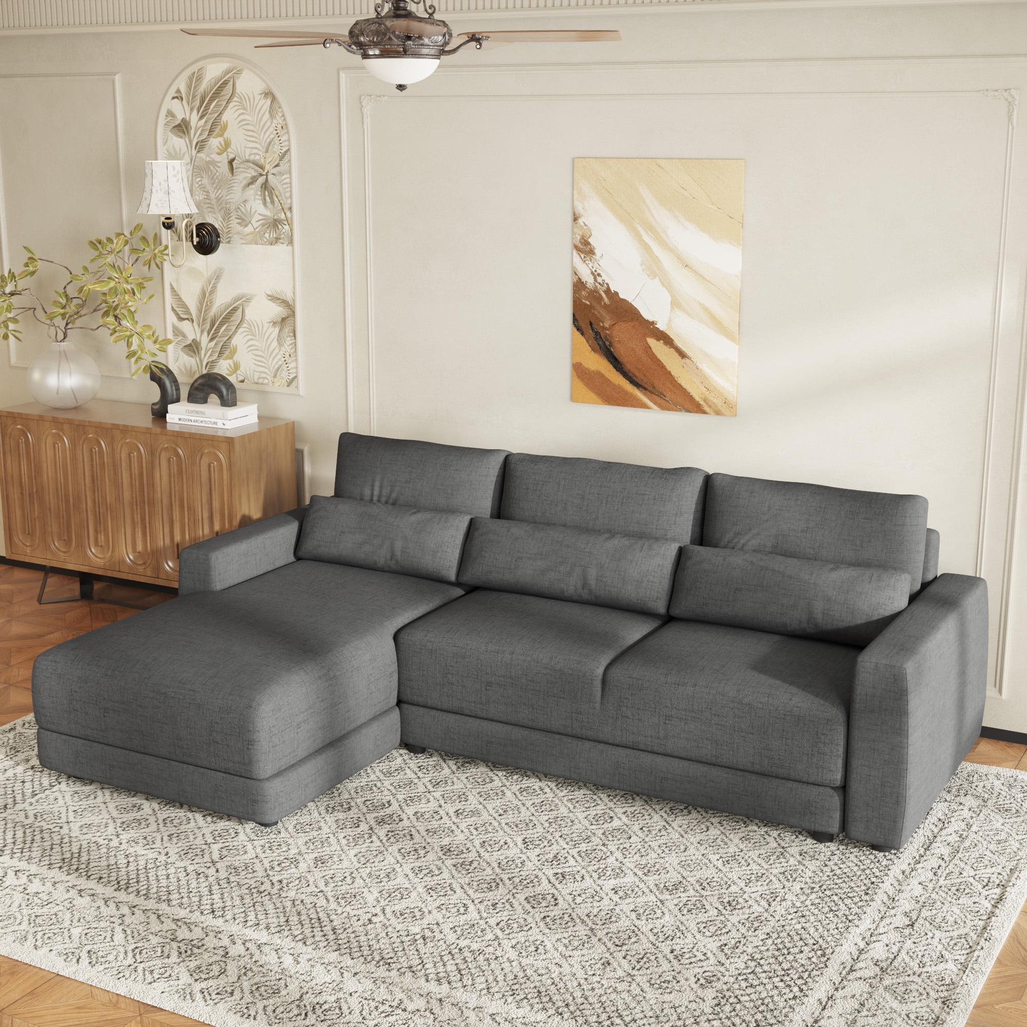 Churanty L Shaped Sectional Sofa with Chaise, Linen 3 Seater Couch with ...