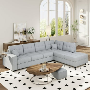 Harper & Bright Designs L shaped Sectional Sofa with Chaise, Modern 5 Seater Couch with Rivet decoration for Living Room Apartment, Light Gray