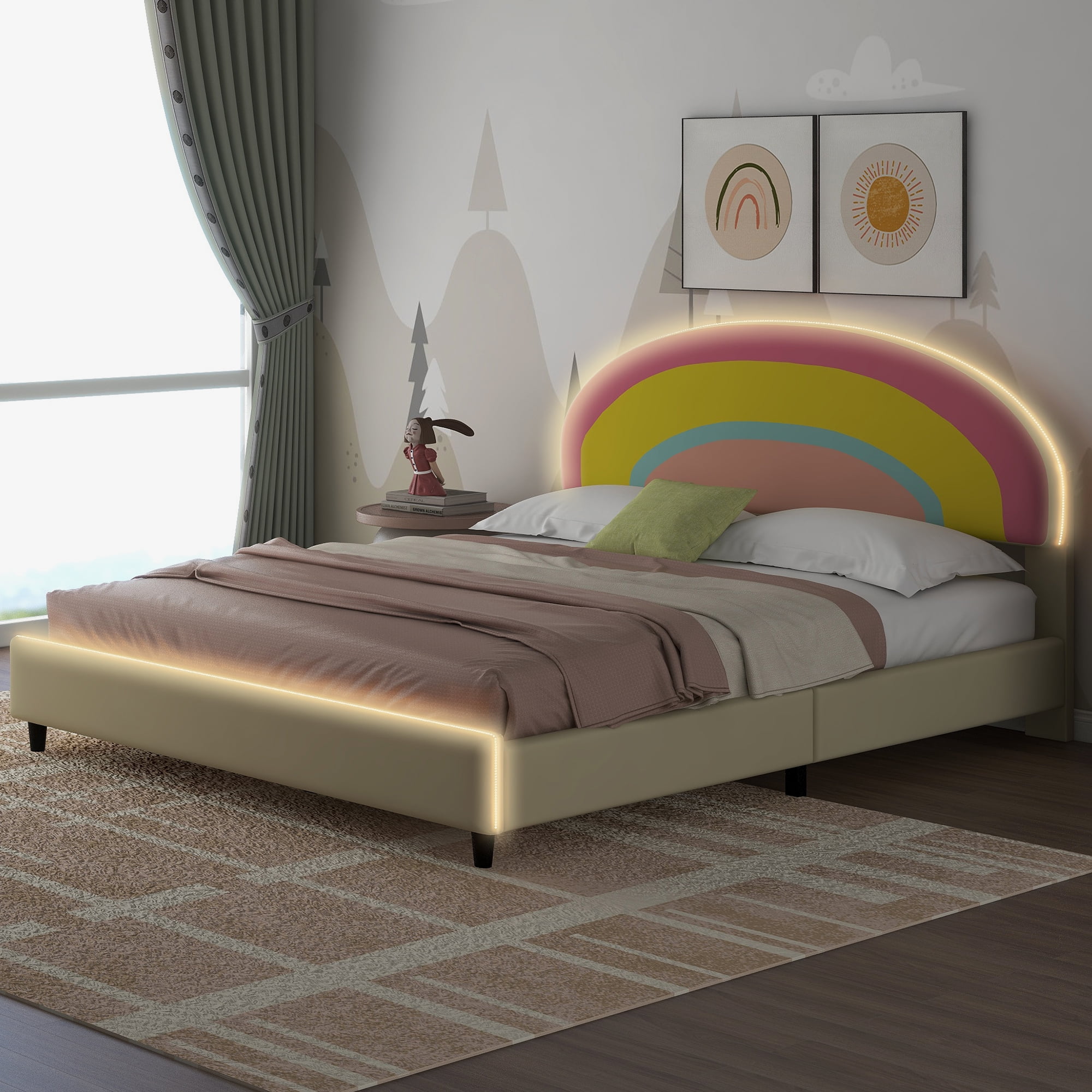 Churanty LED Full Princess Bed Frame for Girls, PU Platform Bed with Rainbow Shaped Height-Adjustable Headboard for Kids Boys Teens, Beige