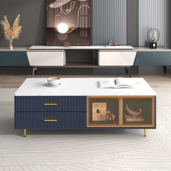 Harper & Bright Designs LED light Coffee Table with 2 Glass Door, Wood Rectangle Center Table with 4 Storage Drawers and Gold Metal Legs, Navy Blue 47.2''